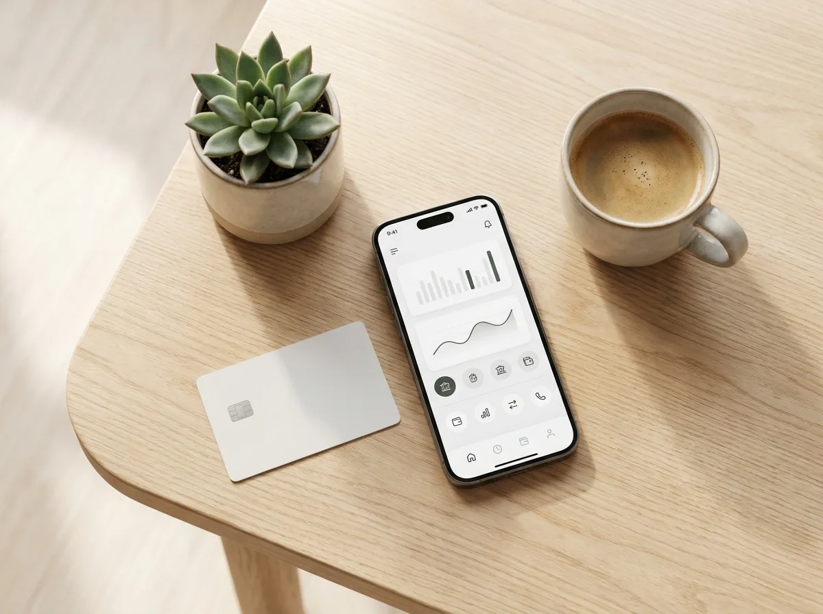 Ảnh minh họa mở thẻ tín dụng VIB online: điện thoại, thẻ tín dụng và ly cà phê trên bàn gỗ sáng